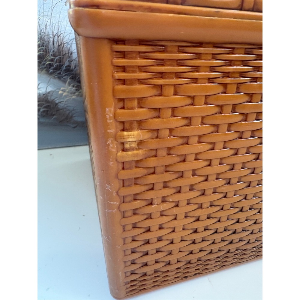 Vintage Burnt Orange Faux Wicker Plastic Sewing Basket Box with Tray & Thread - Picture 6 of 11